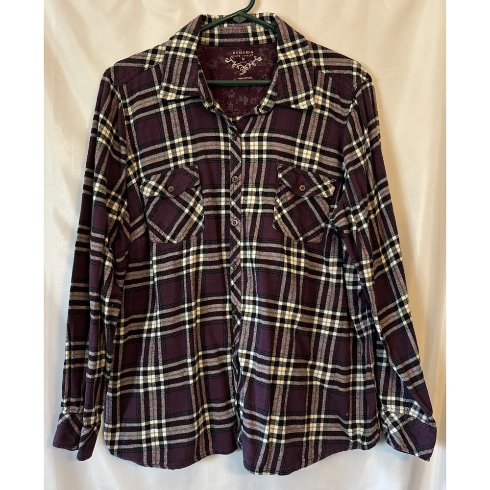 Sonoma Goods For Life Womens 1X Flannel Shirt Purple Plaid 100% Cotton